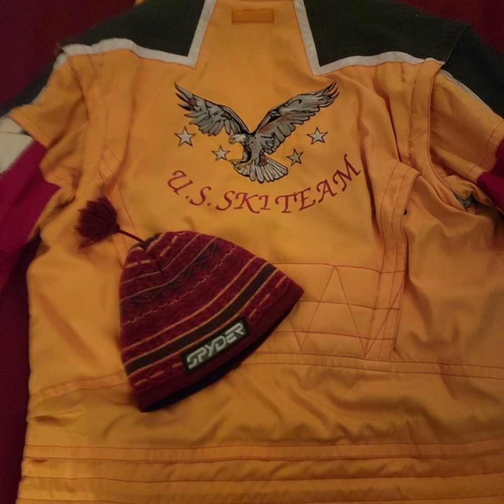 Vintage 1998 Spyder USA ski team jacket, paints and beanie.